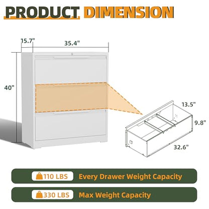 3 Drawer Metal Lateral File Cabinet with Lock for Home Office | 35.5 Inch Ultra Spacious Tabletop,330 LBS Max Weight Capacity,Fits Letter/Legal/F4/A4 Size,Fast Easy Assemble,White - color: White, size: 15.7"D x 35.4"W x 40"H（3 Drawers）