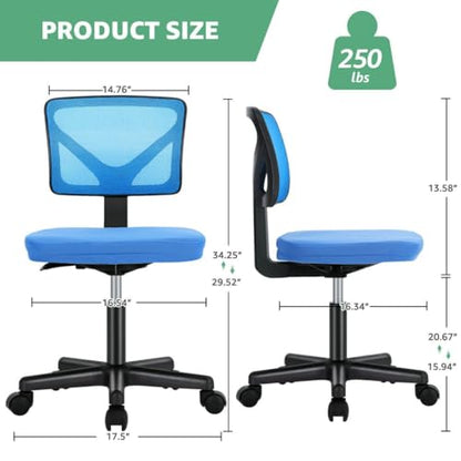 Armless Mesh Office Chair, Ergonomic Low Back Deskchair, Adjustable Rolling Task Computer Swivelchairs for Small Spaces Home Bedroom Study, Blue - color: Blue