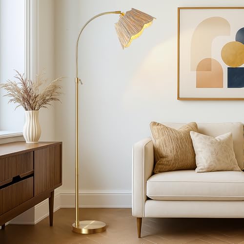 64'' Adjustable Arc Floor Lamp with Natural Rattan Woven Shade | Gold Mid-Century Modern Boho Floor Lamp, Retro Tall Standing Lamp for Living Room, Bedroom, Home Office, Bulb Included - color: Gold
