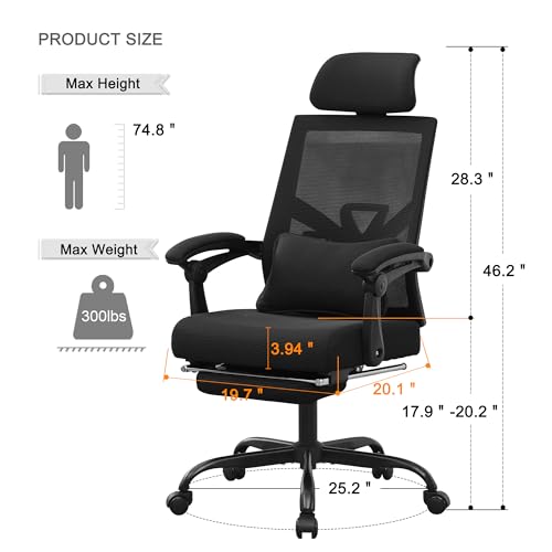 Qulomvs Ergonomic Office Chair with Footrest Home Office Desk Chair with Headrest and Backrest Adjustable Mesh Computer Desk Chair with Wheels 360 Swivel Task Chair - color: Black(upgrade Comfort With Pillow)