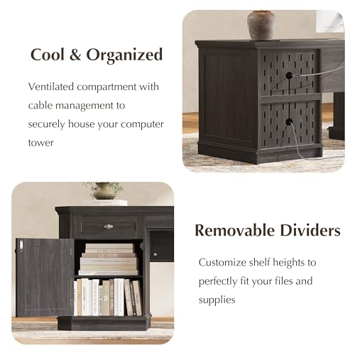 59" Classic Executive Desk with Storage, Victorian Executive Desk with Charging Station, Keyboard Tray, 3 Drawers & 2 Cabinet Storage & 2 Pedestals, Easy Assembly, Black - color: Black
