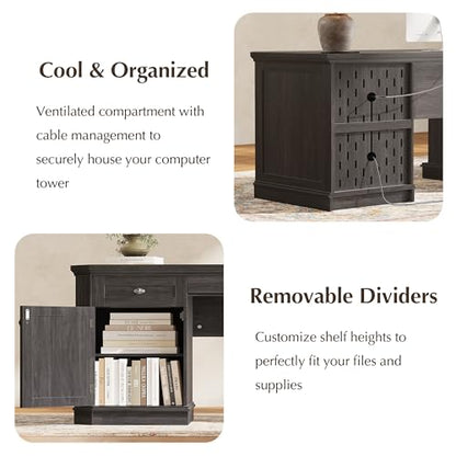 59" Classic Executive Desk with Storage, Victorian Executive Desk with Charging Station, Keyboard Tray, 3 Drawers & 2 Cabinet Storage & 2 Pedestals, Easy Assembly, Black - color: Black