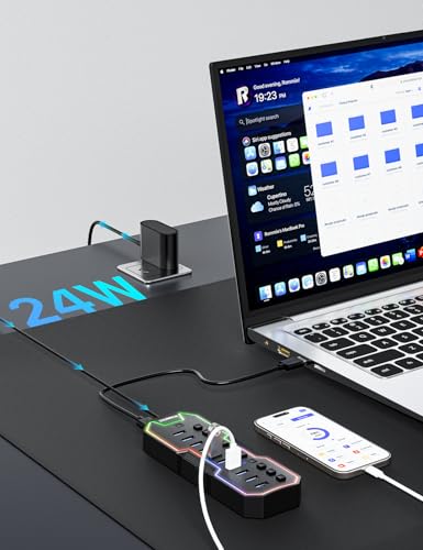 ZIUMIER Powered USB Hub, 10 Ports USB 3.0 Hub with RGB LED Strip