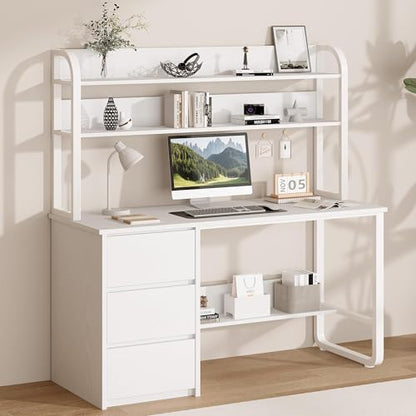 MaverickFurni 55 Inch White Computer Desk with Hutch and 3 Drawers - color: White, size: 55"W
