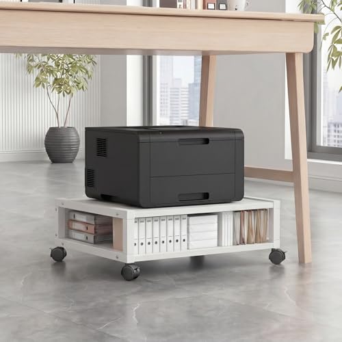 Zonon 2 Tier Printer Stand Under Desk with Wheels, Open Shelf, White - color: White