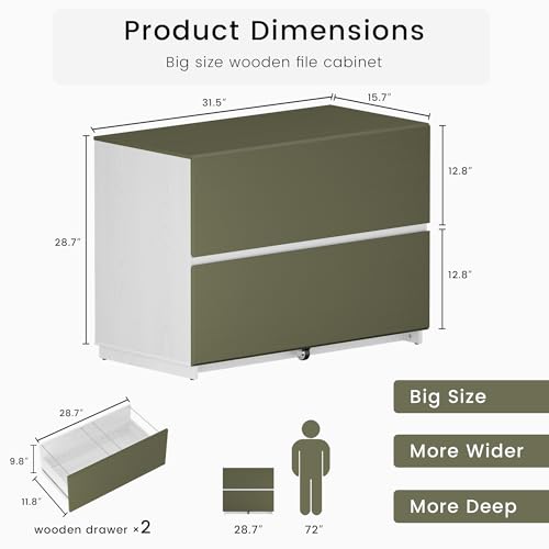 ModernMate 31.5" Lateral Wood Filing Cabinet with 2 Large Drawers, Green - color: Green+white