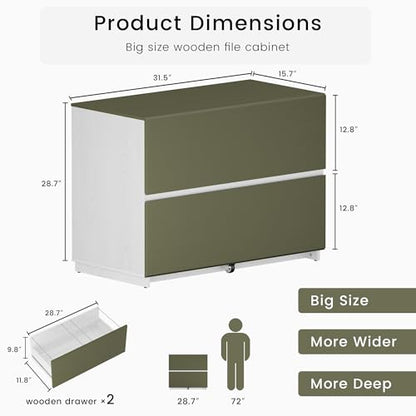 ModernMate 31.5" Lateral Wood Filing Cabinet with 2 Large Drawers, Green - color: Green+white