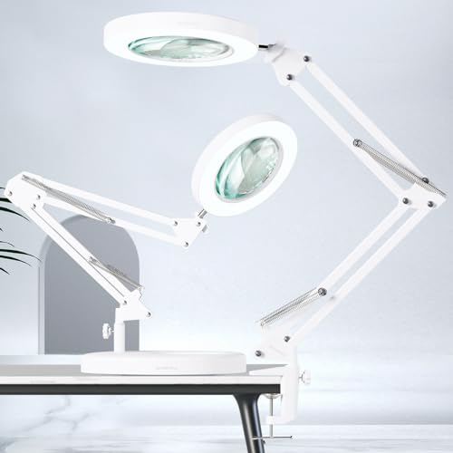 HITTI 10X Magnifying Glass with Light, 1,800 Lumens Stepless Dimmable, 3 Color Modes, 4.2″ Real Glass Lens LED Magnifying Desk Lamp & Clamp, Magnifier Light and Stand for Crafts Close Work-White - color: White, size: 10X Base & Clamp