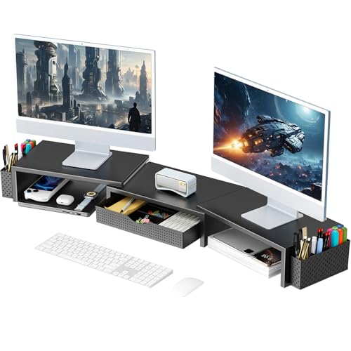 gianotter Dual Monitor Stand Riser With Drawer and 2 Pen Holders | Desk Organizer and Accessories Computer Monitor Stand, Desk Shelf for Top of Desk (Black) - color: Black