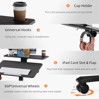 Pneumatic Standing Desk with Wheels - Adjustable Height 28" - 46" & 0-90° Tilt, 31.5" x 17.7" Skin-Feel Desktop, Rolling Computer Desk for Home Office, Hospital, School (Black) - color: Black