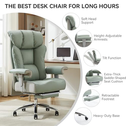 Efomao Big and Tall Office Chair 400lbs - Heavy Duty Executive Desk Chair with Foot Rest & 23" Wide Seat - High Back Ergonomic Leather Computer Chair for Heavy People, Home Office, Green - color: 3060-green