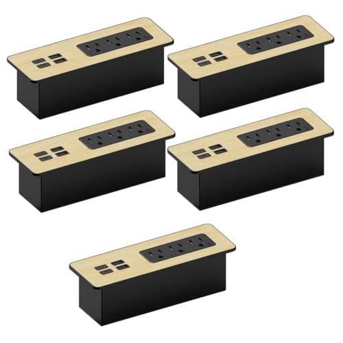 Kable Kontrol Recessed Power Strip Kit with Fast Charging 2 PD65W USB-C Ports, 2 USB-A Ports, 3 Power Desk Outlets, Replaceable Wooden Finish Panel Plate Flush Mount Charging Station Grommet - 5 Pcs - color: Black With Wooden Finish Plate, size: 5