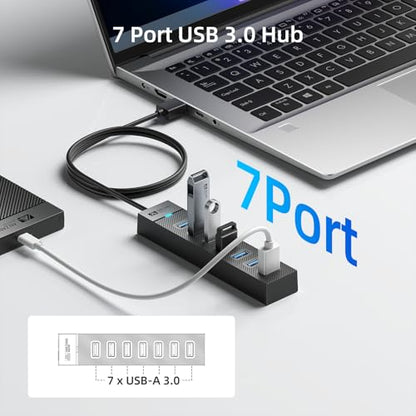 SAN Zang 7-Port USB 3.0 Hub: High-Speed 5Gbps USB Splitter & Extender with 3.3ft Cable, Multi-Port Data Hub for Laptop, PC, Mac, HDD, Flash Drive (Plug & Play, Wide Compatible) - size: 3.3FT