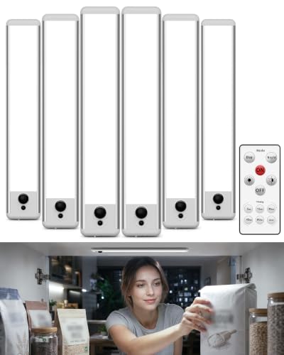EZVALO 6 Pack Under Cabinet Lights, 14.5'' Magnetic Motion Sensor Light, 4000mAh Rechargeable Closet Light with Remote & Timer, Dimmable 5700K Cool White for Kitchen, Closet, Stairs, Hallway - color: Cool White, size: 6Pack-14.5inch