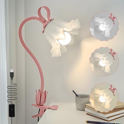 Clip On Light and Flower Bedside Table Lamp, Flexible Gooseneck Reading Book Light with 3 Color Modes, Night Light for Kids Nursery, Clip on for Desk, Bed Headboard, Dorm (Pink) - color: Pink