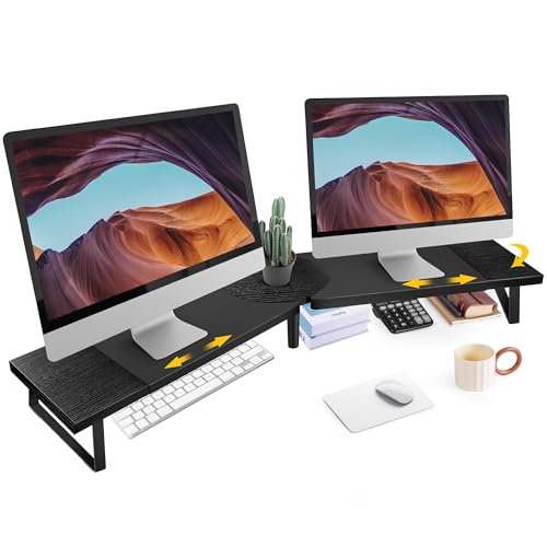 Across-Star Dual-Monitor Stand for Desk - Large Adjustable Length and Angle Riser for 2 Monitors, Double Computer Desktop Organizer, Shelf for TV, Laptop, Printer - color: Black, size: 30.3-40.5‘’L*9.45‘’D*4.9‘’H