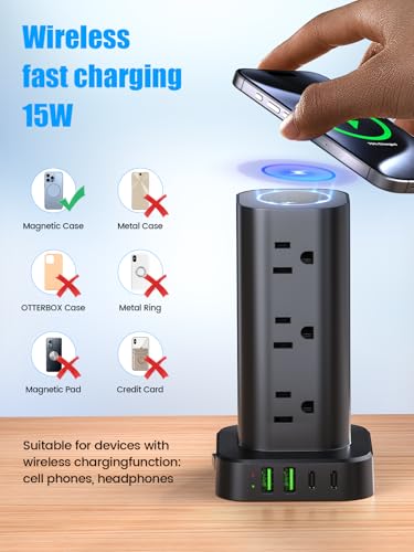 Tower Power Strip with 15W Wireless Charger, 6FT Flat Plug Extension Cord with Multiple Outlets, 12 AC Outlets, 4 USB Ports (2 USB C) Charging Station Surge Protector for Office Home Dorm Room (Black) - color: Black, size: 6FT with wireless charging