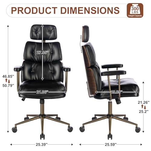 Mid-Century Modern Ergonomic Office Chair, High Back Headrest, Black | Faux Leather Executive Desk Chair, Walnut Bentwood & Adjustable Headrest, Swivel Computer Chair for Home Office, 300LBS Cap - color: Black, size: High Back Style