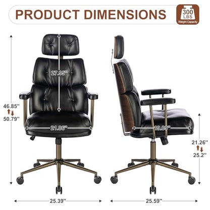 Mid-Century Modern Ergonomic Office Chair, High Back Headrest, Black | Faux Leather Executive Desk Chair, Walnut Bentwood & Adjustable Headrest, Swivel Computer Chair for Home Office, 300LBS Cap - color: Black, size: High Back Style