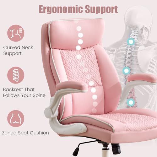 Leather Office Chair, Computer Desk Chair with Lumbar Support,Height Adjustment, Comfortable Excutive Task Chairs 400lbs with Padded Flip-up Armrests, Pink - color: Pink