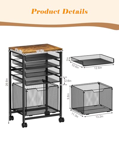 Feyejade Compact 5-Tier Rolling File Cart, Under Desk Metal Filing Cabinet - size: 11.4"D x 15.7"W x 26.9"H