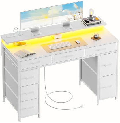 HLDIRECT 47 Inch Gaming Desk with LED Light and 8 Storage Drawers, White - color: White