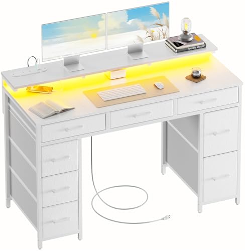 HLDIRECT 47 Inch Gaming Desk with LED Light and 8 Storage Drawers, White - color: White