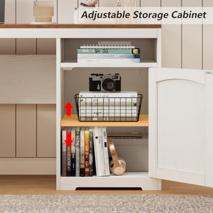 Farmhouse L Shaped Desk with Drawers & Printer Shelf for Home Office - color: Brown and White