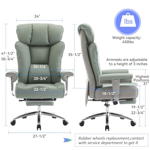 Efomao Big and Tall Office Chair 400lbs - Heavy Duty Executive Desk Chair with Foot Rest & 23" Wide Seat - High Back Ergonomic Leather Computer Chair for Heavy People, Home Office, Green - color: 3060-green