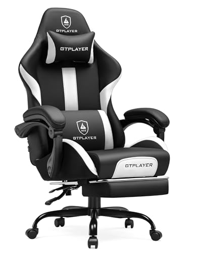 GTPLAYER Gaming Chair with Foot Rest & Pocket Spring Cushion, Ergonomic High Back Computer Chair with Headrest & 360°-Swivel Seat for Home Office Desk, PU Leather, White/Black - color: White-black, size: Faux Leather