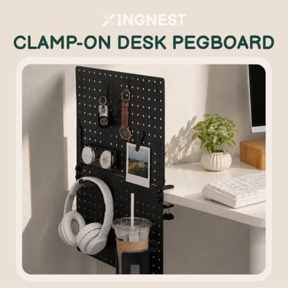 Clamp On Desk Pegboard 32" x 12" with Accessories Black | No Drill Metal Desktop Organizer & Privacy Panel, Vertical Storage Divider for Home Office and Gaming Setup