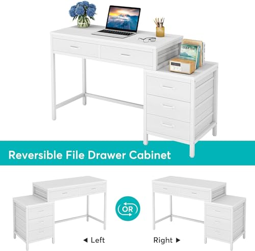Tribesigns Computer Desk with 5 Drawers, Reversible Home Office Desks - color: White