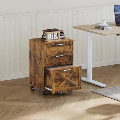 Garvee 3-Drawer Mobile File Cabinet with Lock, Under Desk Storage Drawers - color: Rustic Brown