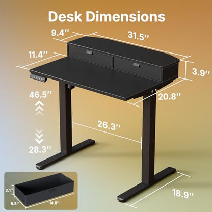 HUANUO 32" X 21" Electric Standing Desk with 2 Drawers, C-Clamp Mount Compatible, Height Adjustable Computer Desk, Home Office Stand Up Desk with 4 Preset Heights & 2 Hooks, Black - color: Black, size: 32" X 21"