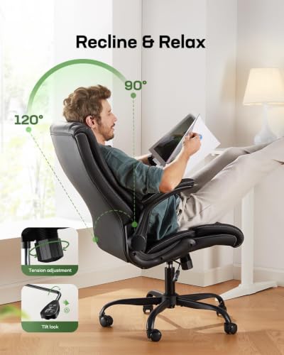 Marsail Executive Office Chair with Flip-up Armrests,PU Leather Ergonomic Desk Chair Height-Adjustable Swivel Rolling Desk Chair (Dark) - color: Dark