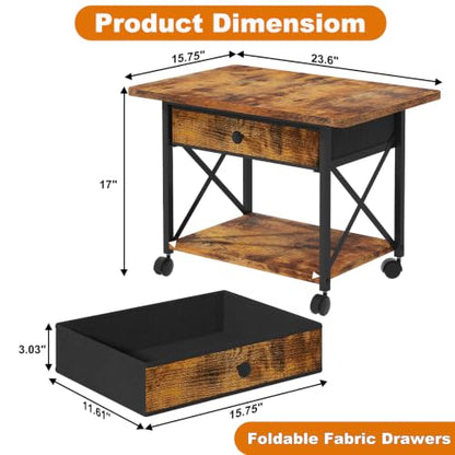 EasyCom Large Printer Stand with Fabric Storage Drawer and Locking Wheels - color: Rustic Brown, size: Large