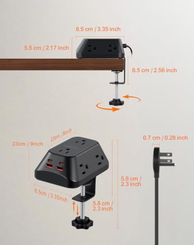 Desk Clamp Power Strip, 6 AC, 2 USB-C & 2 USB-A, 1440J, 10FT Cord - size: 10FT-Black