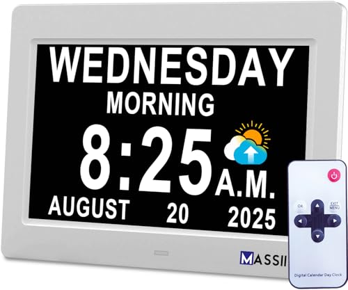 MASSII Dementia Clock with Date Time Voice Announcement, 27 Alarms Custom Reminders, Sleep Trainer, Auto DST, 10 Levels Night Dimmer, Large Talking Digital Calendar Clock for Elderly with 1.5M Adaptor - color: 7" Hd-white