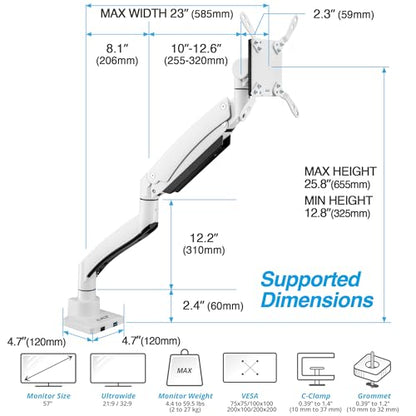 AVLT Single 17"-57" Super Ultrawide Monitor Arm - White | Screens Up to 59.5 lbs Premium Aluminum Desk Stand Adjustable Pneumatic Height Full Motion Swivel Tilt Rotation USB-C&A Ports - color: White-17 to 57 Inch