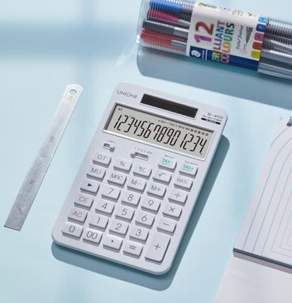 14 Digits Desktop White Calculator with a Bright LCD, Dual Power Handheld Desktop. Color. Business, Office, High School - color: WHITE-3