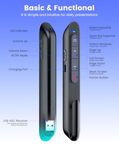 Presentation Clicker Rechargeable Compatible with Bluetooth and RF 2.4GHz Red Light, Wireless Presenter Remote Control for Powerpoint Presentations Slide Clicker for Mac Computer - color: Red-BT & RF Model