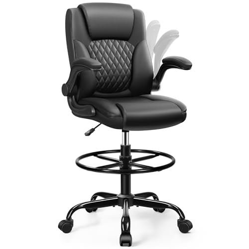 Drafting Chair, Tall Office Chair for Standing Desk, High Executive Leather Ergonomic Computer Chair with Adjustable Height and Flip-Up Armrest for Counter Height Desk, Black, Pack of 1 - color: Black
