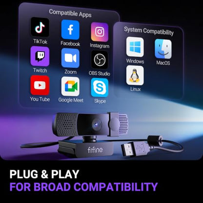 FIFINE K438 4K Resolution Webcam with Built in Microphone for Streaming | USB Computer Auto-Focus Camera, Noise Reduction Mic, Privacy Cover, 6P Lens, 76.3° FOV, Plug & Play for Podcast,Meeting