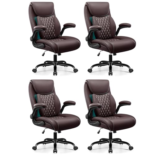BESTFAIR Office Desk Chair with Lumbar Support for Lower Back Pain | Executive Leather Home Chair Comfy with Padded Flip-up Armrests, Coffee, 4-Pack - color: Coffee, size: 4 Pack