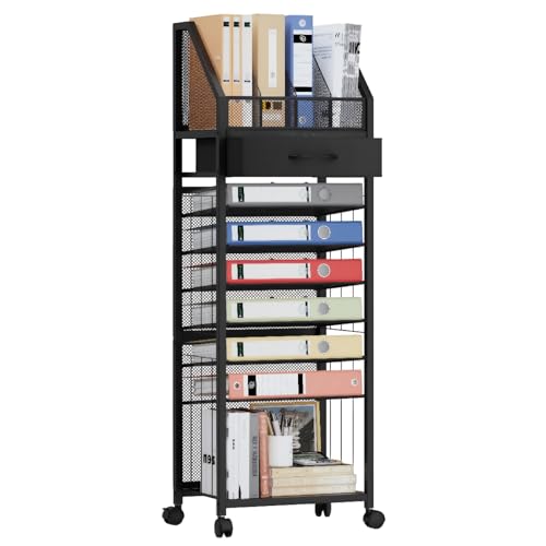 SWTYMIKI 9-Tier Rolling File Cart - Paper Organizer with Drawer and Trays, Wood Desk Office Organizer, Office Organization and Binder Storage for Workspace, Home, School, Black - color: Black, size: Standing Type