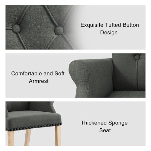 LOULENS Linen Dining Chair with Arms, Tufted Dining Room Chairs, Dark Grey | Solid Wood Legs, Nailhead Trim, Accent Chair, Kitchen Chair - color: Dark Grey-a, size: 1 PCS