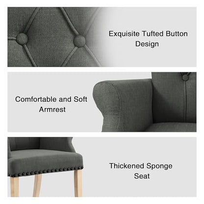 LOULENS Linen Dining Chair with Arms, Tufted Dining Room Chairs, Dark Grey | Solid Wood Legs, Nailhead Trim, Accent Chair, Kitchen Chair - color: Dark Grey-a, size: 1 PCS
