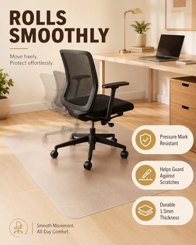 47" x 47" Square Heavy Duty Polycarbonate Chair Mat, Clear Frosted PVC Floor Protector, Non Studded Bottom Mat for Rolling Chairs, Wood and Tile Floors, Home Office - size: 47 × 47 in