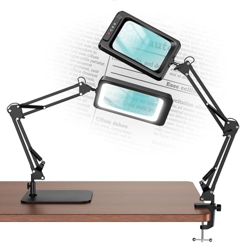 MoKo 10X Magnifying Glass with Light and Stand, 7-Inch Desk Lamp | Desk magnifying glass with light has a clamp and weighted base, 60 LEDs, 5 color modes and 4 brightness levels. - color: Black With Base