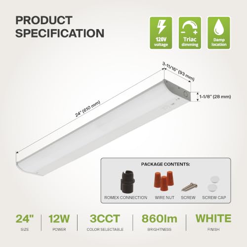 ASD 20 Pack LED Under Cabinet Lighting, 24 inch 12W 822 LM, Dimmable Hardwired Under Cabinet Lights for Kitchen, 3000K/4000K/5000K, Under Counter Light Fixtures, ETL, White, Bullnose Design - color: 24 Inch White, size: 20 Pack